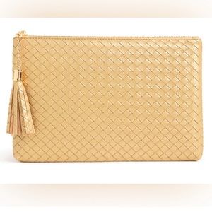 NWOT Virginia Wolf “Mimi” Woven Vegan Leather Light Gold Clutch | 10.5” x 7”
